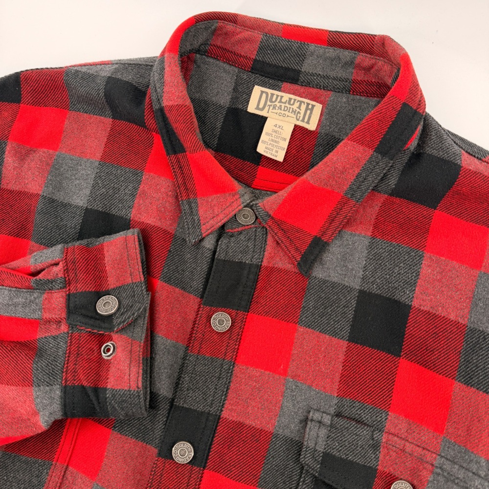Duluth Trading Co Shirt Jacket Men 4XL Red Buffalo Plaid Fleece Lined Snap Front